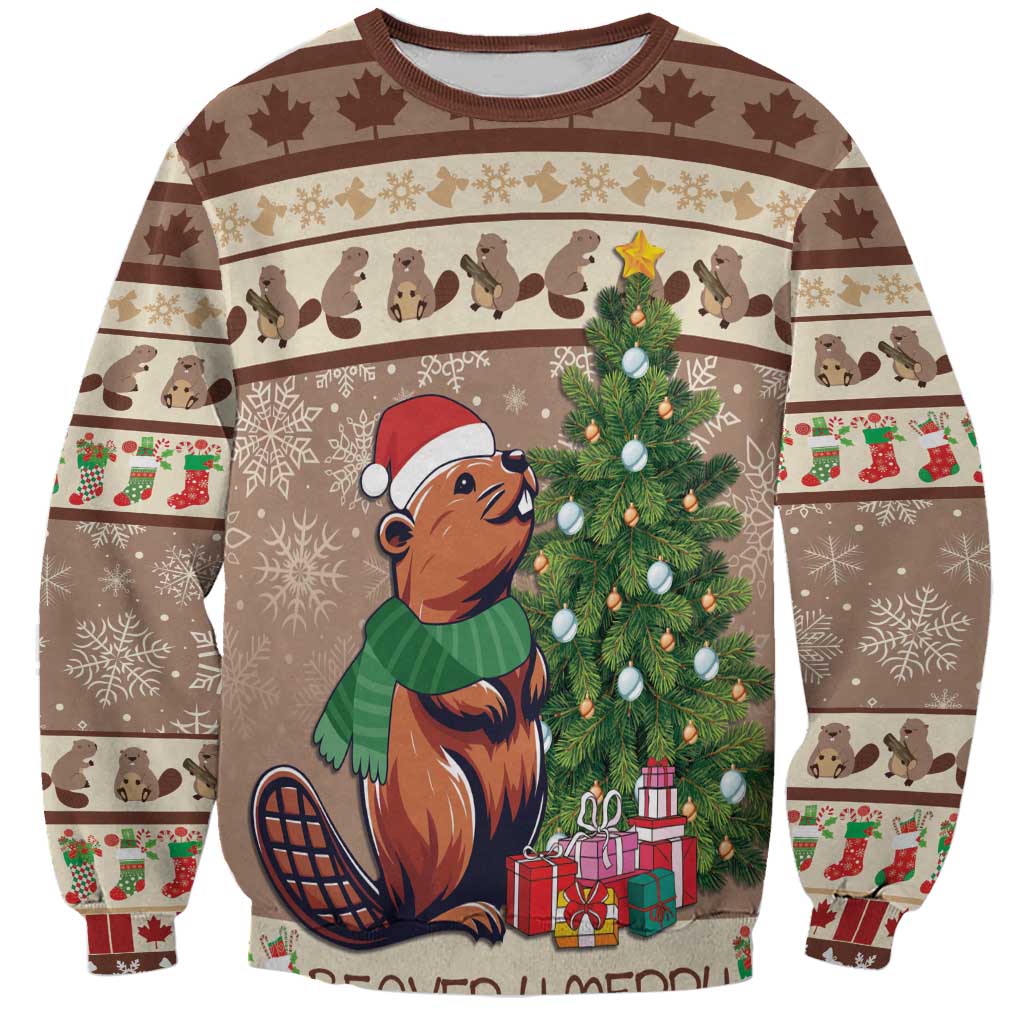 Brown Christmas sweatshirt with cartoon beaver beside decorated tree and gift boxes