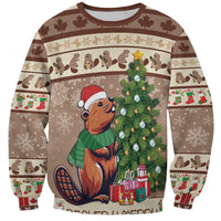 Brown Christmas sweatshirt with cartoon beaver beside decorated tree and gift boxes