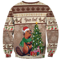 Brown sweatshirt with cartoon beaver, decorated tree, gift boxes, and Your text area