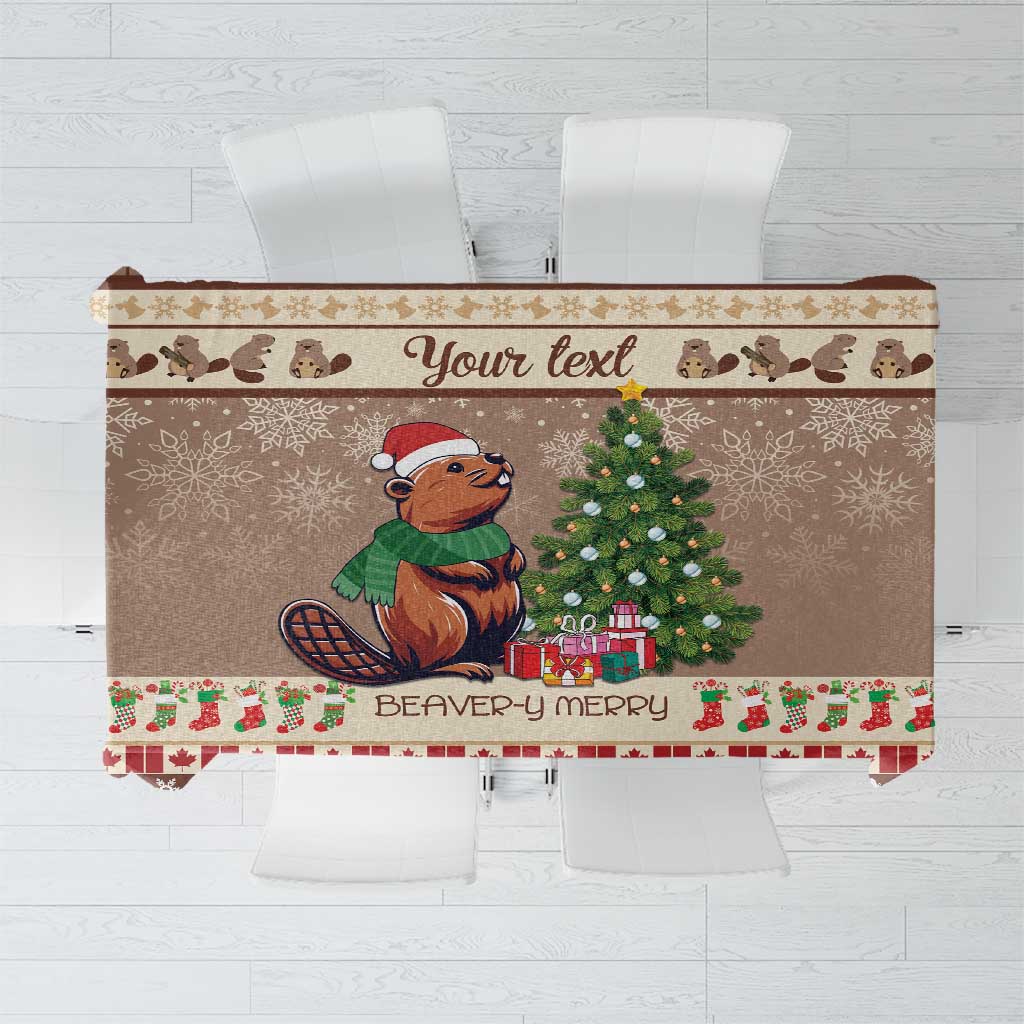 Brown Christmas beaver tablecloth with tree, presents, and personalized text panel