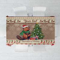 Brown Christmas beaver tablecloth with tree, presents, and personalized text panel