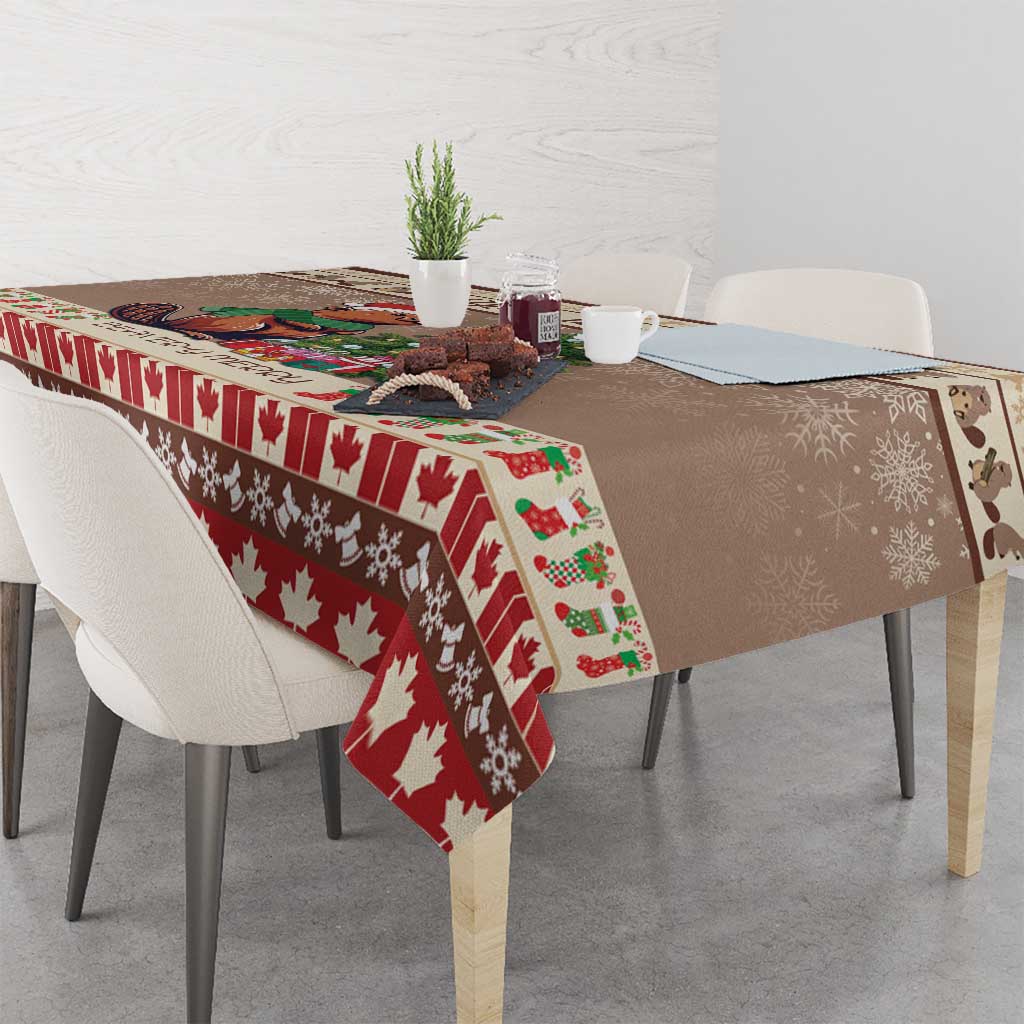 Brown and red Christmas beaver tablecloth with patterned side drape over table