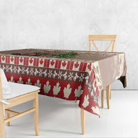 Brown Christmas tablecloth corner with red maple leaf strip and beaver motif