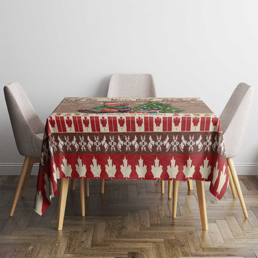 Brown Christmas beaver tablecloth with red patterned border on table