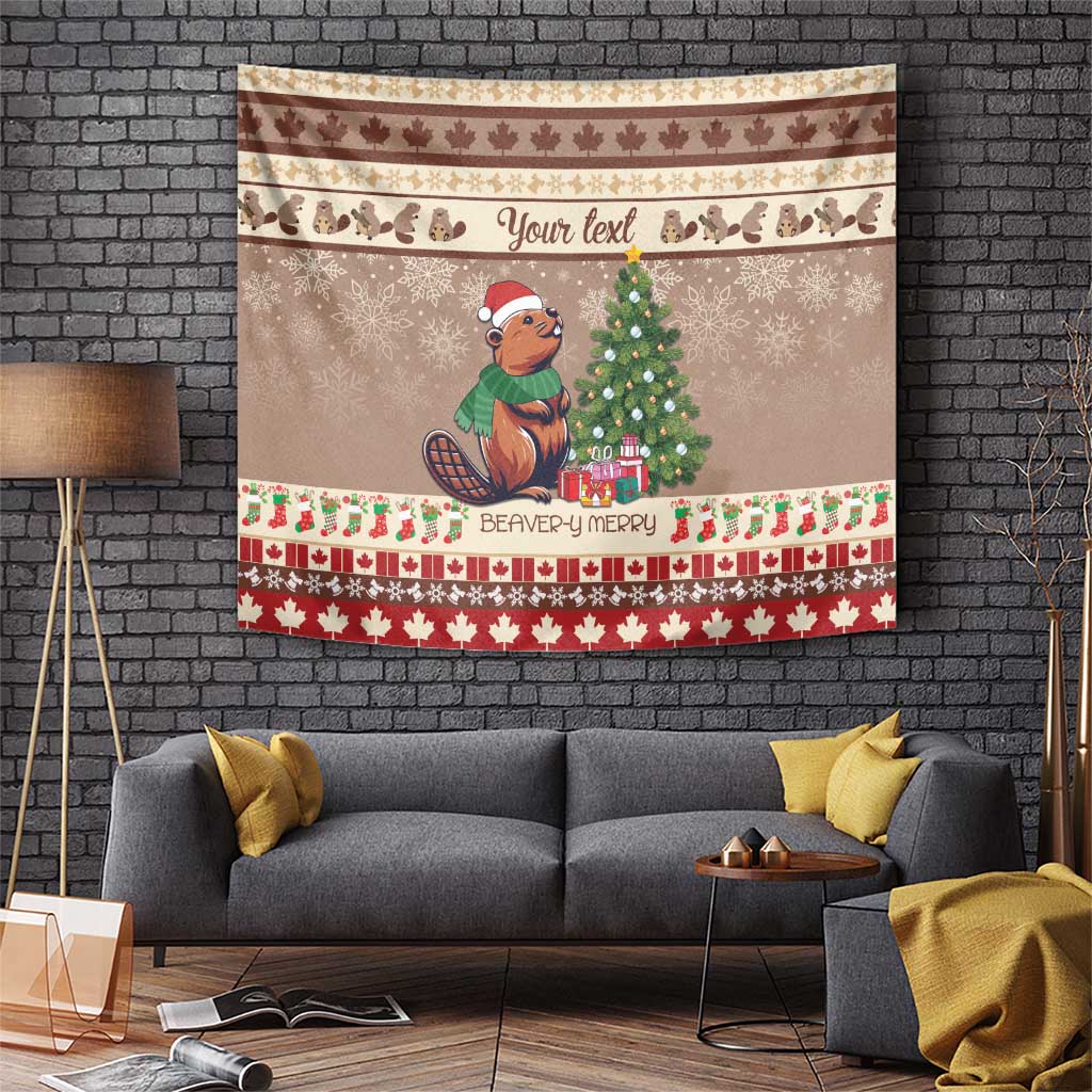 Personalized Christmas tapestry with beaver character, green tree, and red holiday border on wall