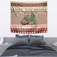 Personalized holiday tapestry showing beaver, Christmas tree, and red-and-green festive strip borders