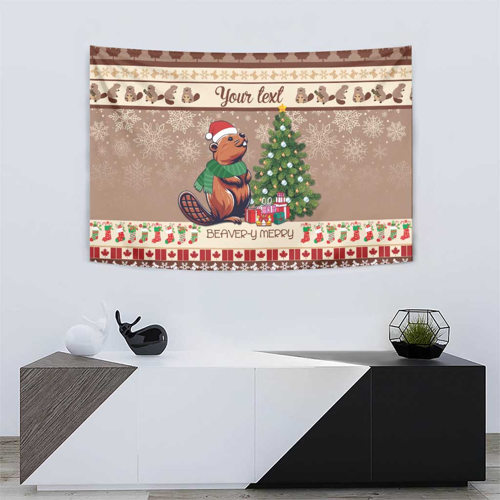 Personalized Christmas tapestry featuring beaver, small gifts, and holiday pattern banding