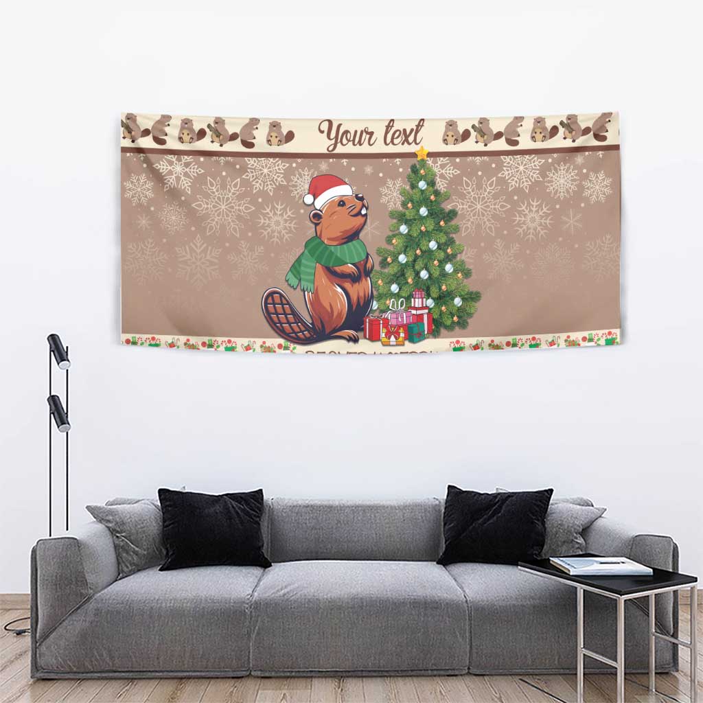 Personalized Christmas tapestry with beaver and Christmas tree, framed in red and green trim