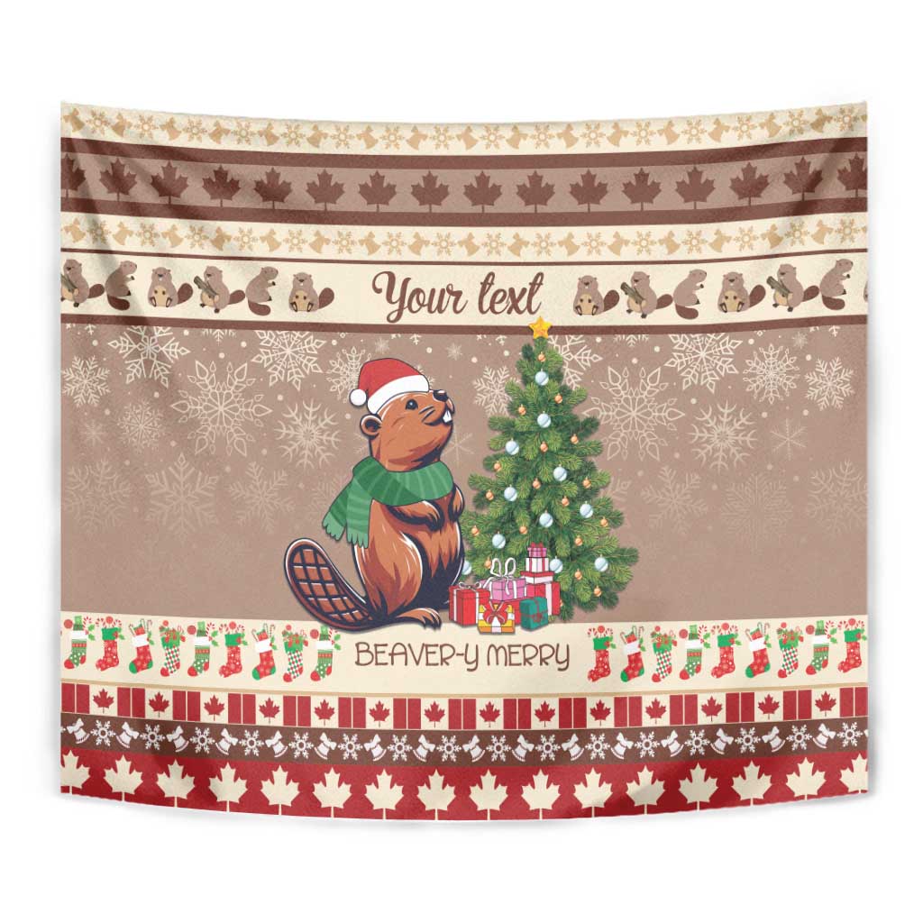 Personalized beaver Christmas tapestry with 'Your text' area, beaver, tree, and festive border