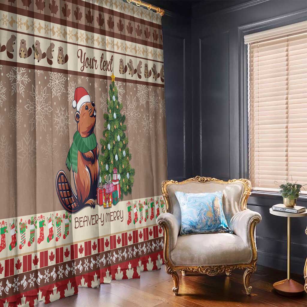 Brown beaver-themed curtain panel with Christmas tree and gift icons, red border hem