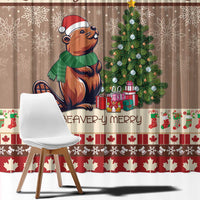 Brown beaver window curtain with Santa beaver, Christmas tree, and striped festive border