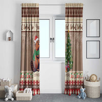 Brown beaver Christmas curtain panels with Santa beaver, pine tree, and hanging motifs