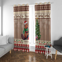 Brown beaver-themed window curtain panels with pine tree and red stocking border