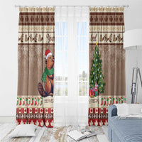 Brown Christmas curtain panels with beaver in Santa hat, pine tree, and festive border