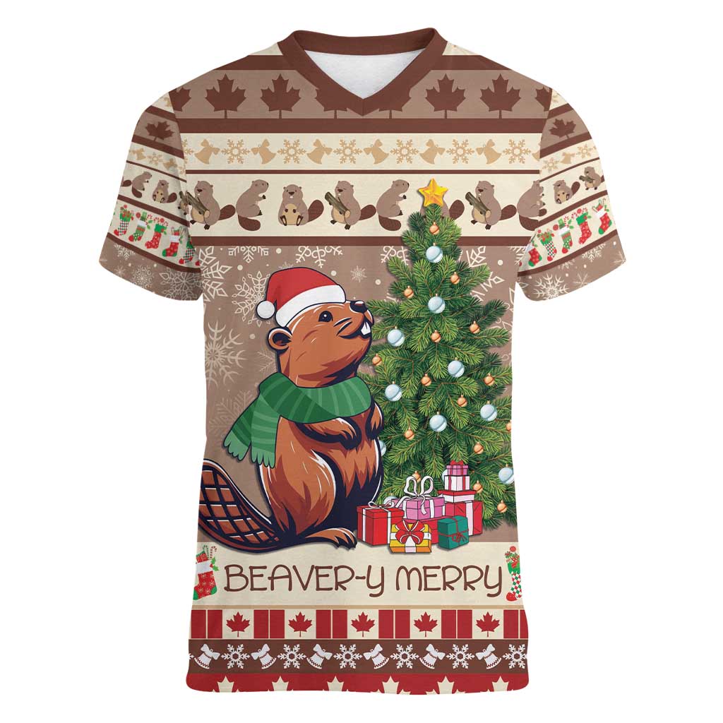 Personalized Beaver-y Merry Women V-Neck T-Shirt Canada Merry Christmas Beavers