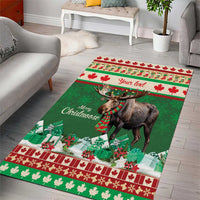 Green Christmas area rug with moose wearing red plaid and red/white pattern border