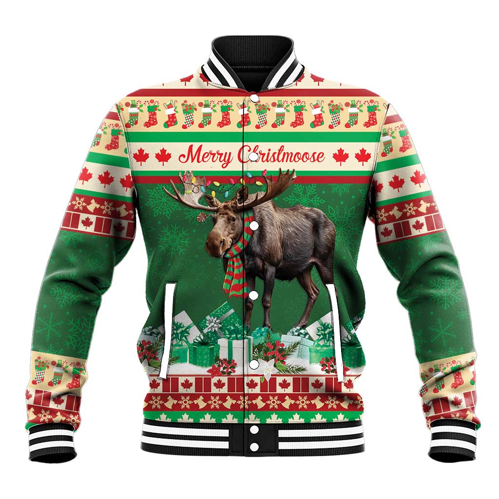 Green baseball jacket with moose front graphic, Merry Christmoose text, and snap button