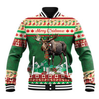 Green baseball jacket with moose front graphic, Merry Christmoose text, and snap button