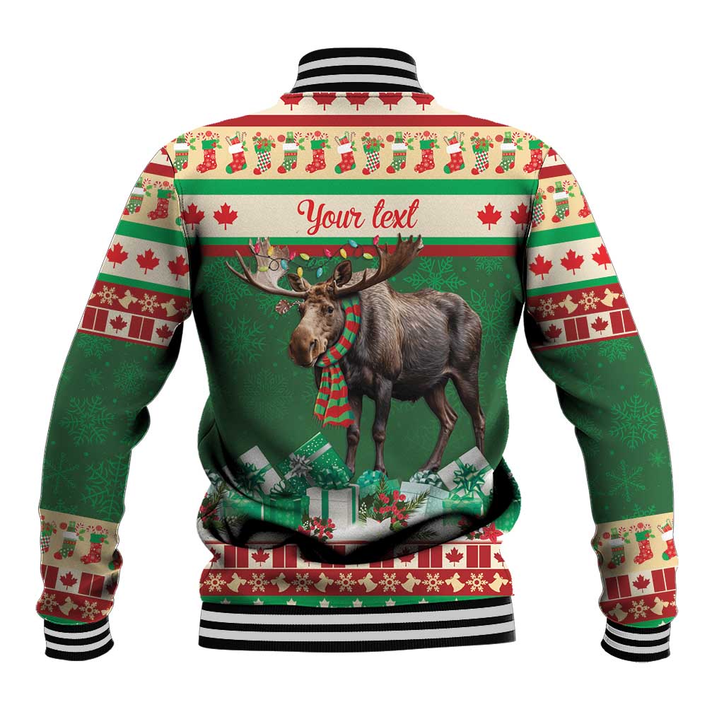 Green baseball jacket with moose graphic, striped collar, and 'Your text' on back