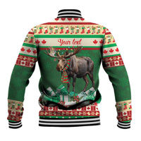 Green baseball jacket with moose graphic, striped collar, and 'Your text' on back