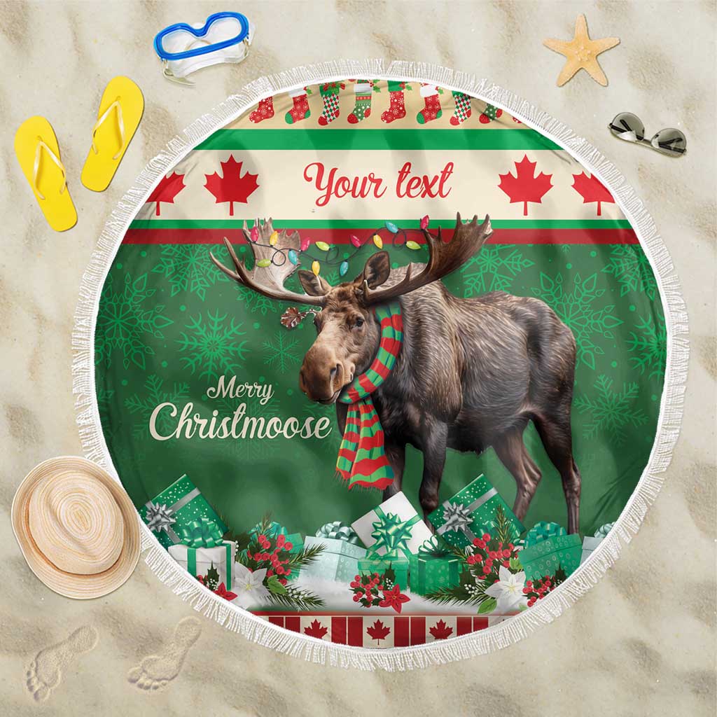 Round Christmas moose beach blanket, green graphic with fringe edge
