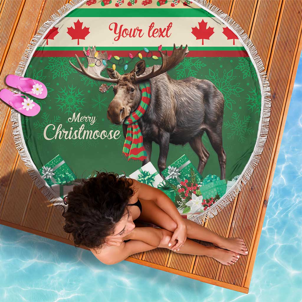 Round Christmas moose beach blanket, green moose print with 'Your text' and fringe
