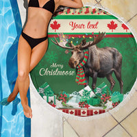 Round Christmas moose beach blanket, green graphic with fringe edge, poolside