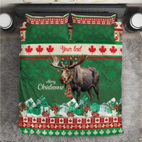 Green moose Christmas bedding set with 'Your text' and two matching pillows