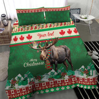 Green moose Christmas bedding set with 'Your text' and 'Merry Christmoose' print