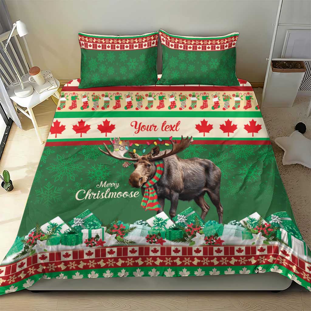 Green moose Christmas duvet cover with 'Your text' and two matching pillow shams