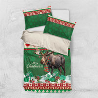 Green moose Christmas bedding set with pillowcases and 'Your text' panel on duvet