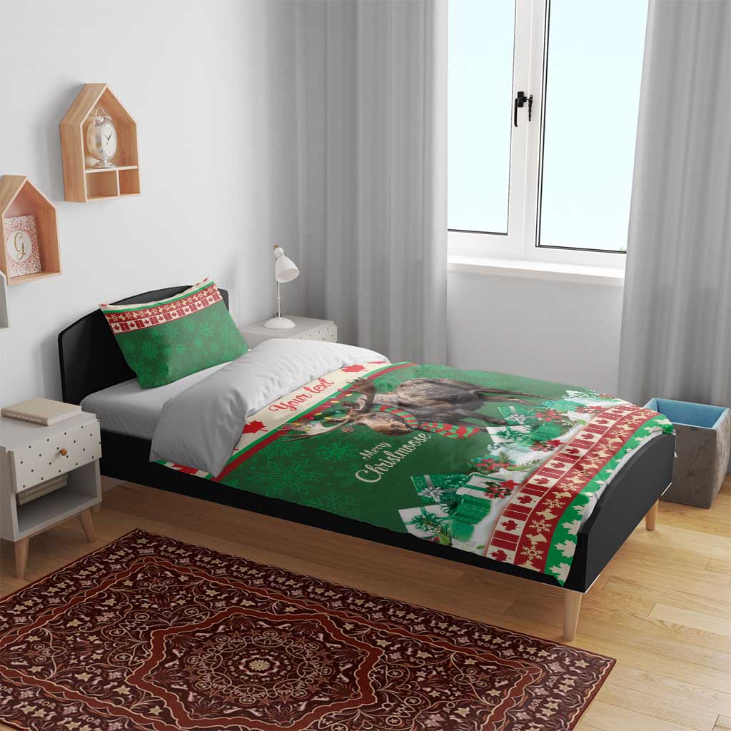 Green moose Christmas bedding set with duvet and pillowcases on bed