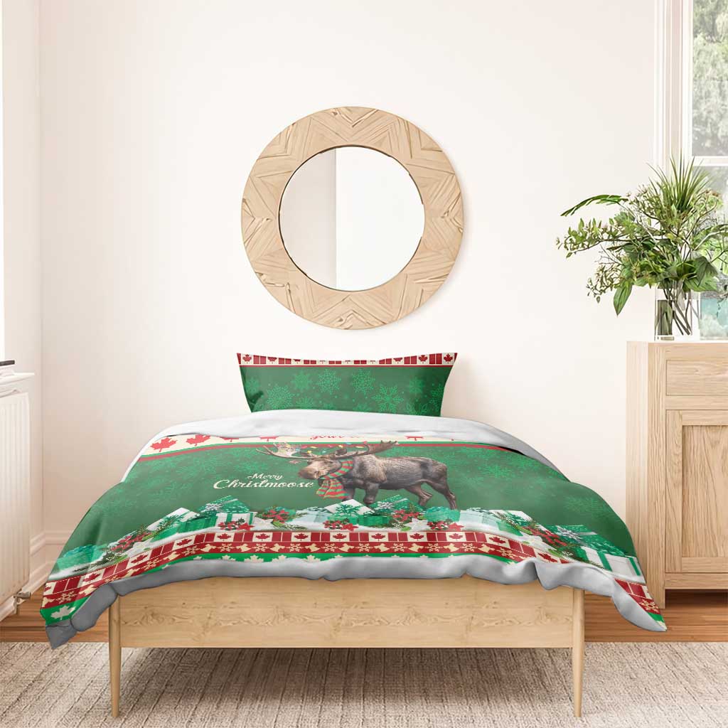 Green moose Christmas duvet with 'Your text' and 'Merry Christmoose' print