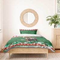 Green moose Christmas duvet with 'Your text' and 'Merry Christmoose' print
