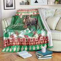 Green personalized Christmas moose blanket, red/white border, plaid scarf