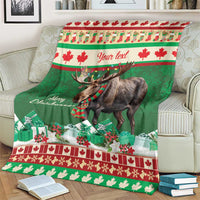 Green personalized Christmas moose blanket with plaid scarf and festive border