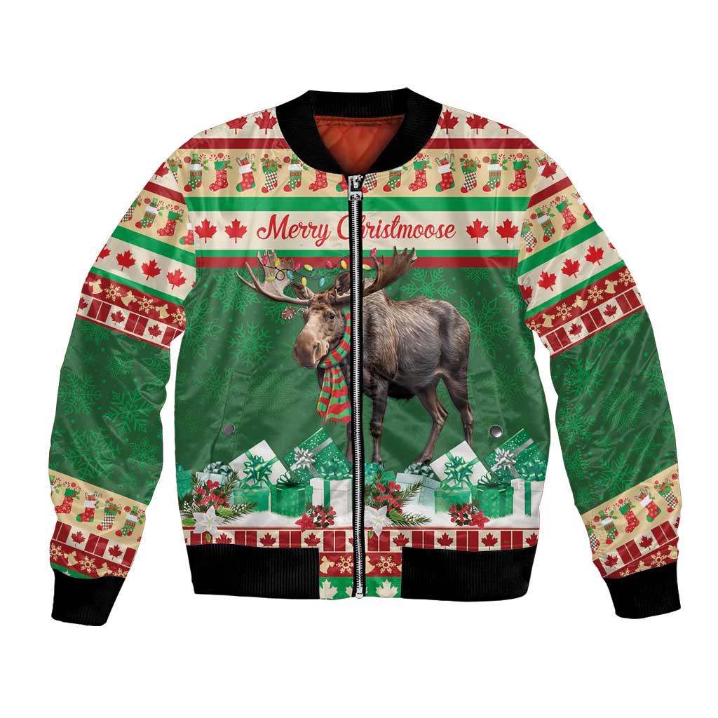 Green unisex bomber jacket with moose graphic, red zipper, ribbed cuffs and hem