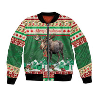 Green unisex bomber jacket with moose graphic, red zipper, ribbed cuffs and hem