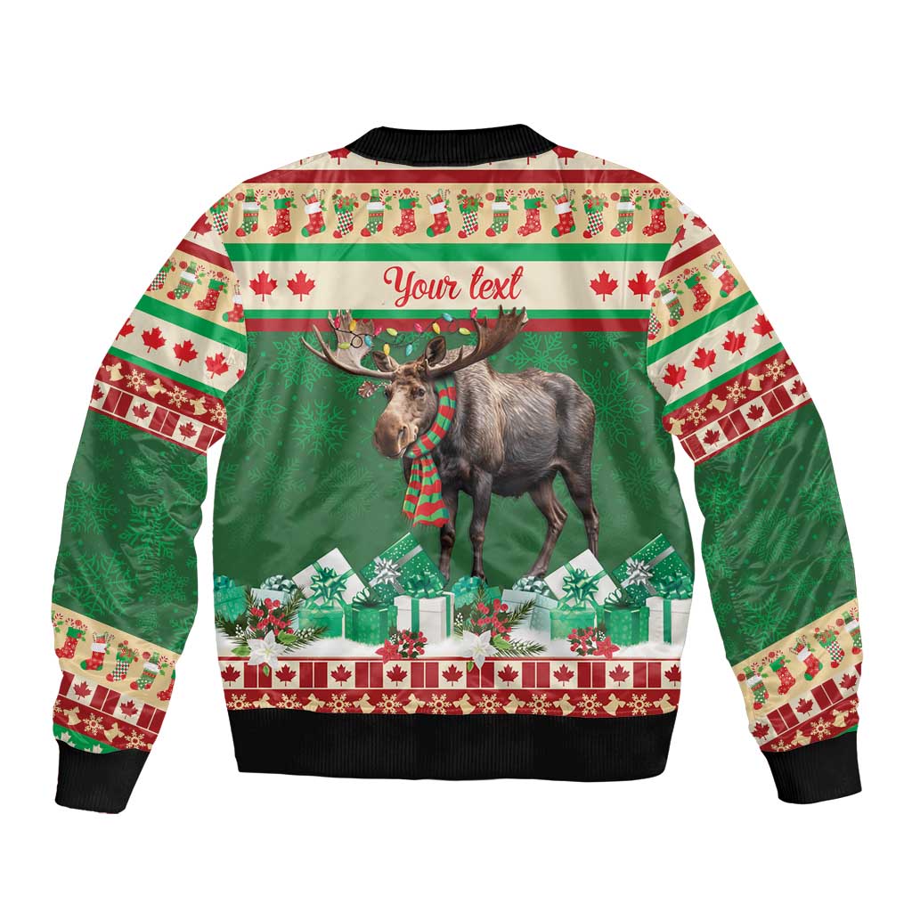 Green unisex bomber jacket with moose back print and 'Your text' panel, ribbed trim