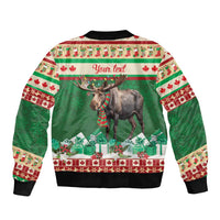 Green unisex bomber jacket with moose back print and 'Your text' panel, ribbed trim