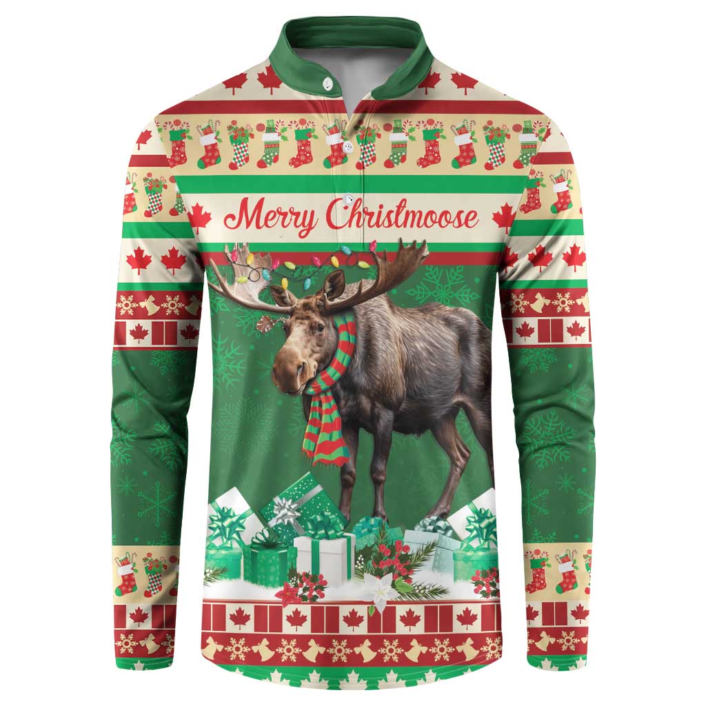 Green holiday sweatshirt with moose graphic, red-and-white trims, and “Merry Christmoose” text