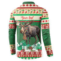 Green sweatshirt back with moose graphic, “Your text” banner, and festive red borders
