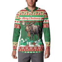 Green pullover sweatshirt with moose front graphic and “Merry Christmoose” across chest