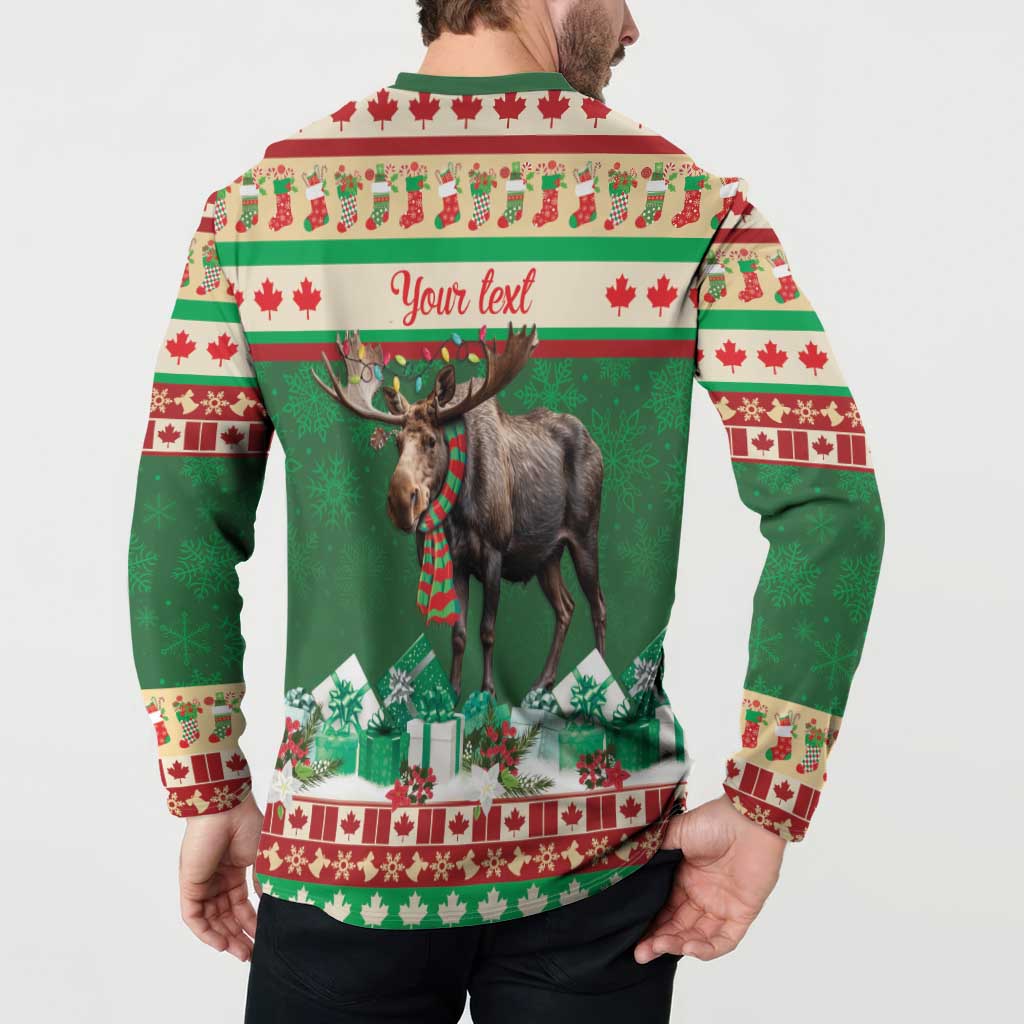 Green holiday sweatshirt back view with moose graphic and “Your text” banner