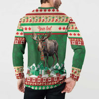 Green holiday sweatshirt back view with moose graphic and “Your text” banner