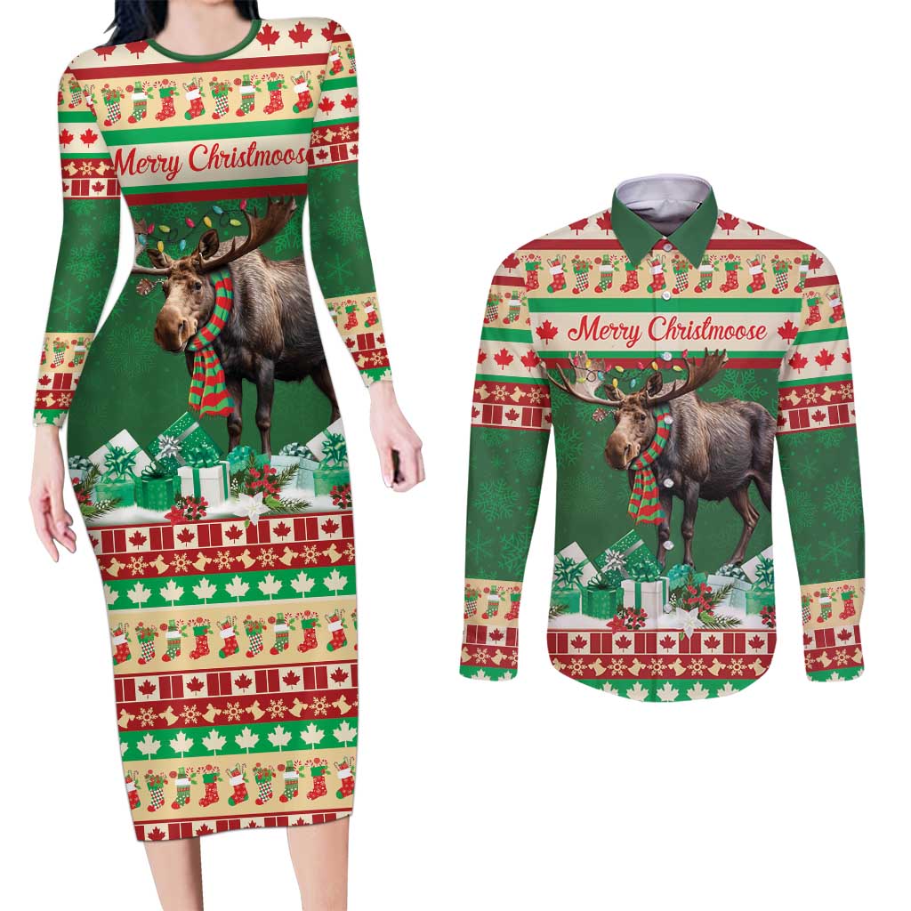 Personalized Merry Christmoose Couples Matching Long Sleeve Bodycon Dress and Long Sleeve Button Shirt Canada Merry Christmas Moose LT9 - Wonder Print Shop