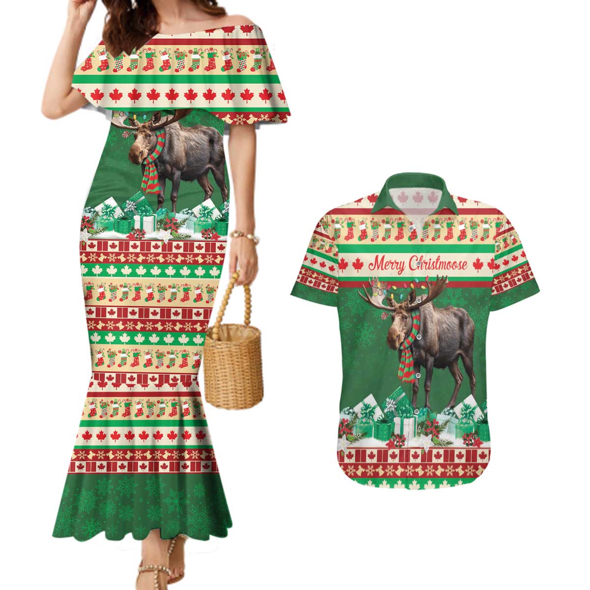 Personalized Merry Christmoose Couples Matching Mermaid Dress and Hawaiian Shirt Canada Merry Christmas Moose LT9 - Wonder Print Shop