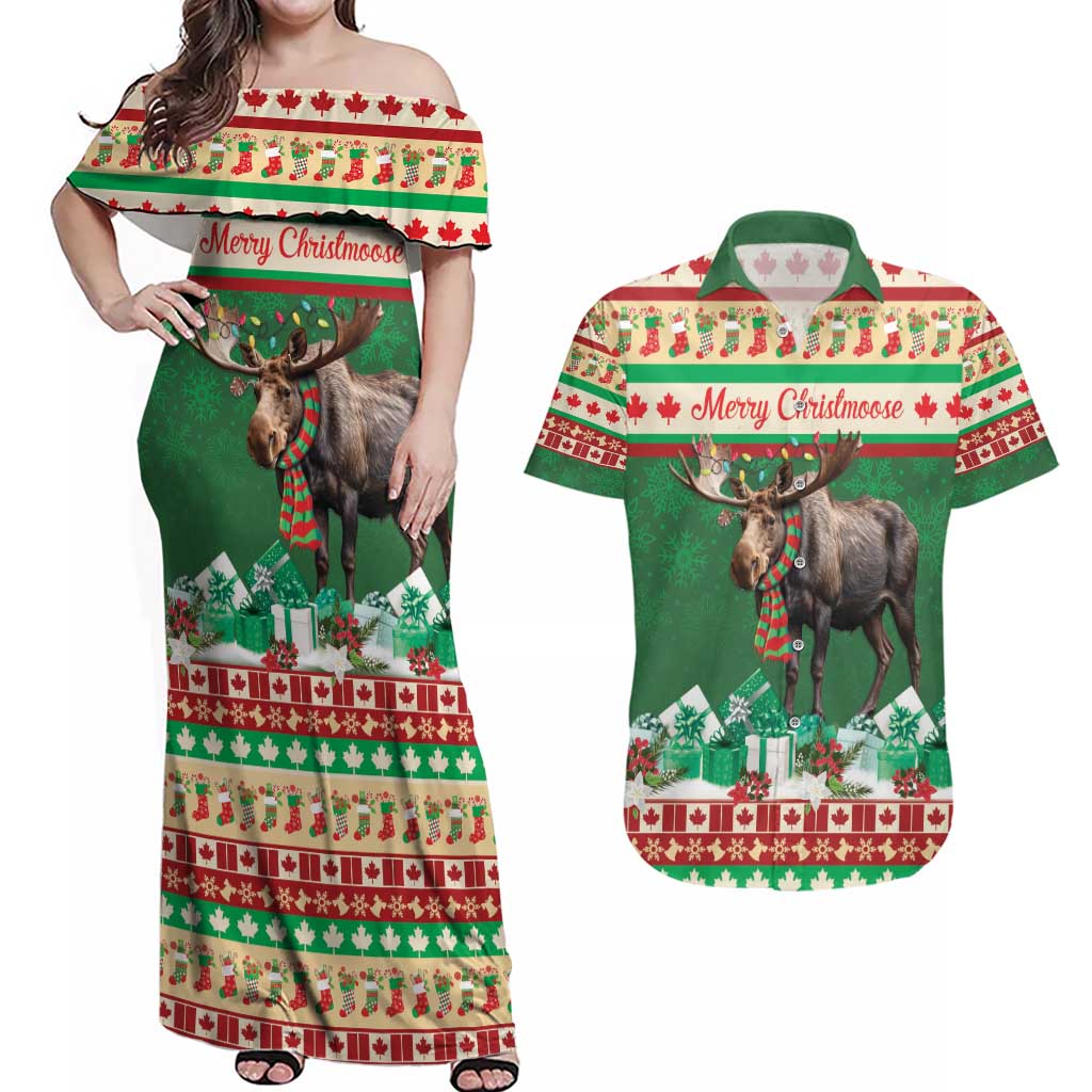 Personalized Merry Christmoose Couples Matching Off Shoulder Maxi Dress and Hawaiian Shirt Canada Merry Christmas Moose LT9 - Wonder Print Shop