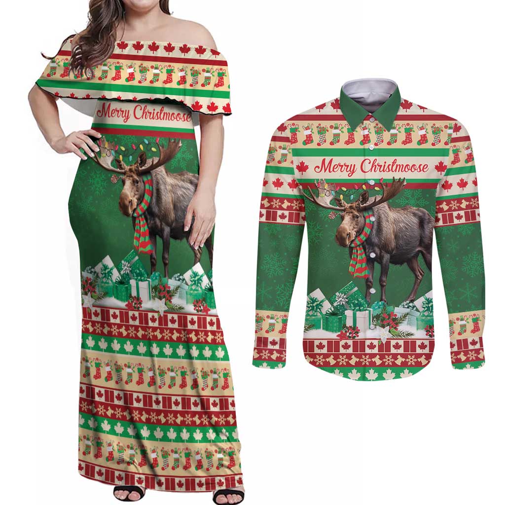 Personalized Merry Christmoose Couples Matching Off Shoulder Maxi Dress and Long Sleeve Button Shirt Canada Merry Christmas Moose LT9 - Wonder Print Shop