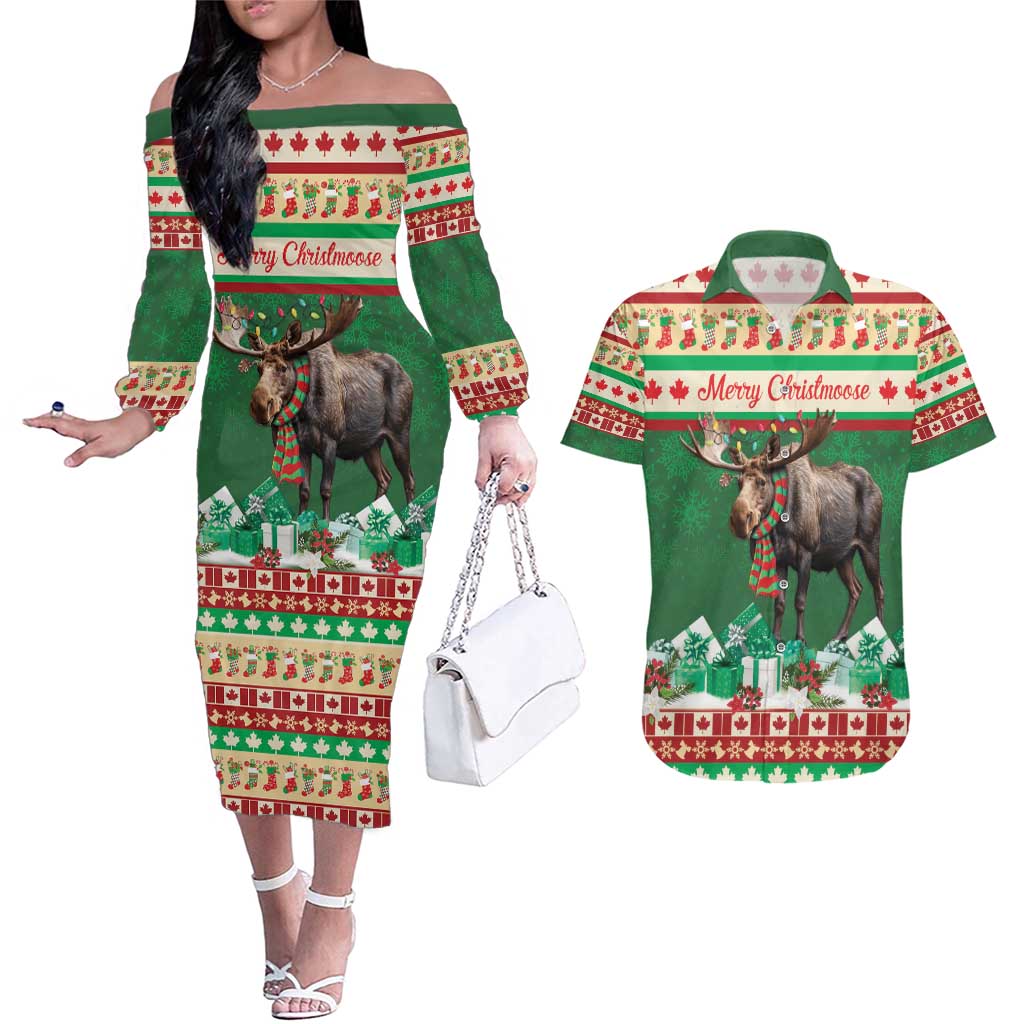 Personalized Merry Christmoose Couples Matching Off The Shoulder Long Sleeve Dress and Hawaiian Shirt Canada Merry Christmas Moose LT9 - Wonder Print Shop